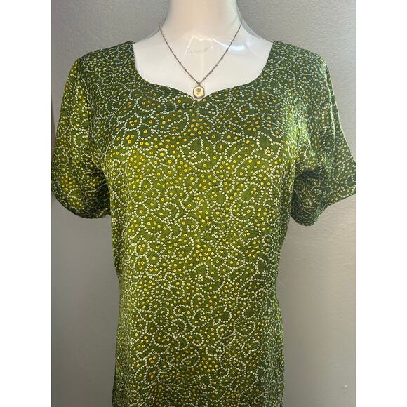 Green Boho Midi Dress Short Sleeve Fit & Flare Sundress Retro Print - Size S/M - Picture 3 of 8